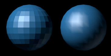 Visualização de uma esfera aproximada por polígonos, exibindo o aspecto facetado (esquerda) e suavizado com Gouraud shading (direita).