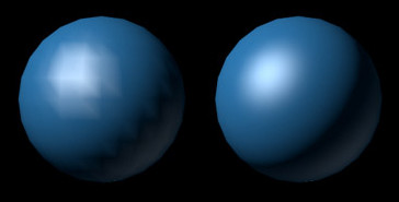 Visualização de uma esfera com _Gouraud shading_ (esquerda) e _Phong shading_ (direita).