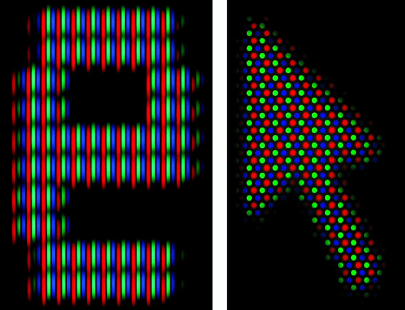 Detalhes ampliados de telas de CRT. Esquerda: letra 'e' em um CRT de TV Sony Trinitron ([fonte](https://en.wikipedia.org/wiki/File:Aperture_grille_closeup_teletext.jpg)). Direita: cursor na tela de um CRT de computador ([fonte](https://en.wikipedia.org/wiki/Shadow_mask#/media/File:Shadow_mask_closeup_cursor.jpg)).